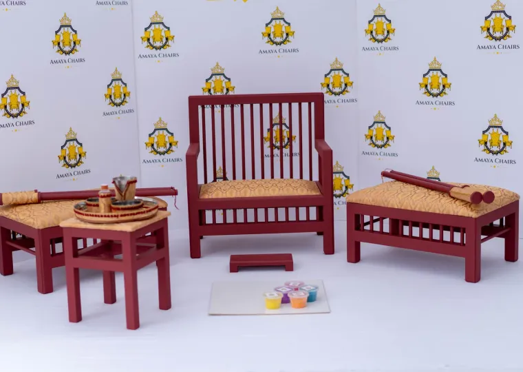 Peaches & Wine Maiyan suite — head chair, two side chairs, tray table and accessories