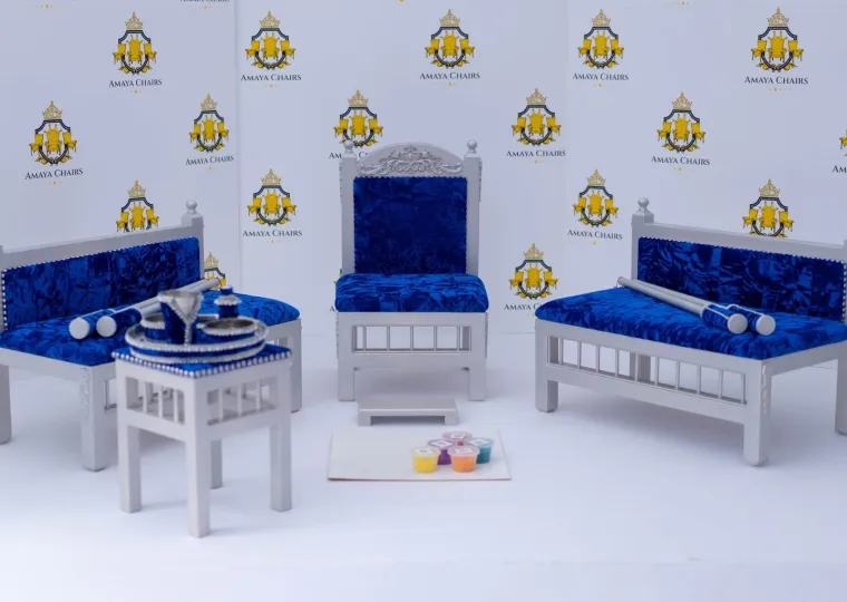 The Blue Prince Maiyan suite — head chair, two side chairs, tray table and accessories