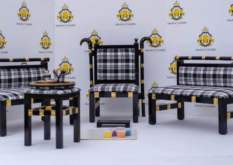 The Gabru Maiyan suite — head chair, two side chairs, tray table and accessories