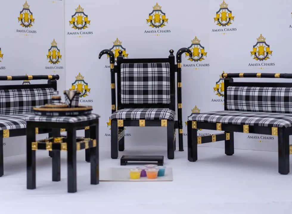 The Gabru Maiyan suite — head chair, side chairs, tray table and accessories